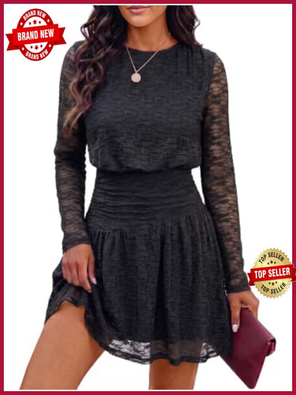 Womens Lace Mini Dress Long Sleeve Ruched Waist A-Line Wedding Guest